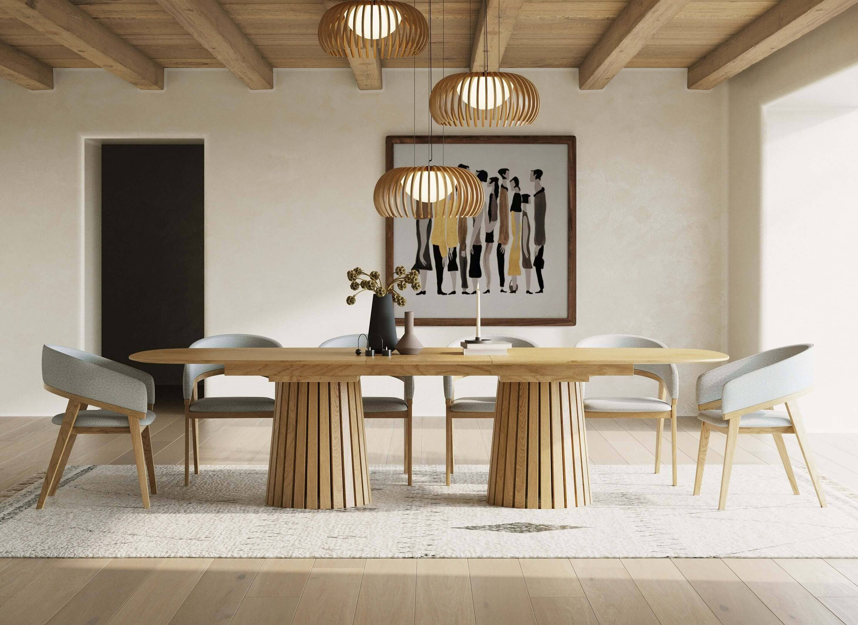 Modrest Truman - Mid-Century Modern Natural Oak Extendable Dining Table + 6 Chairs Set - Featured Image