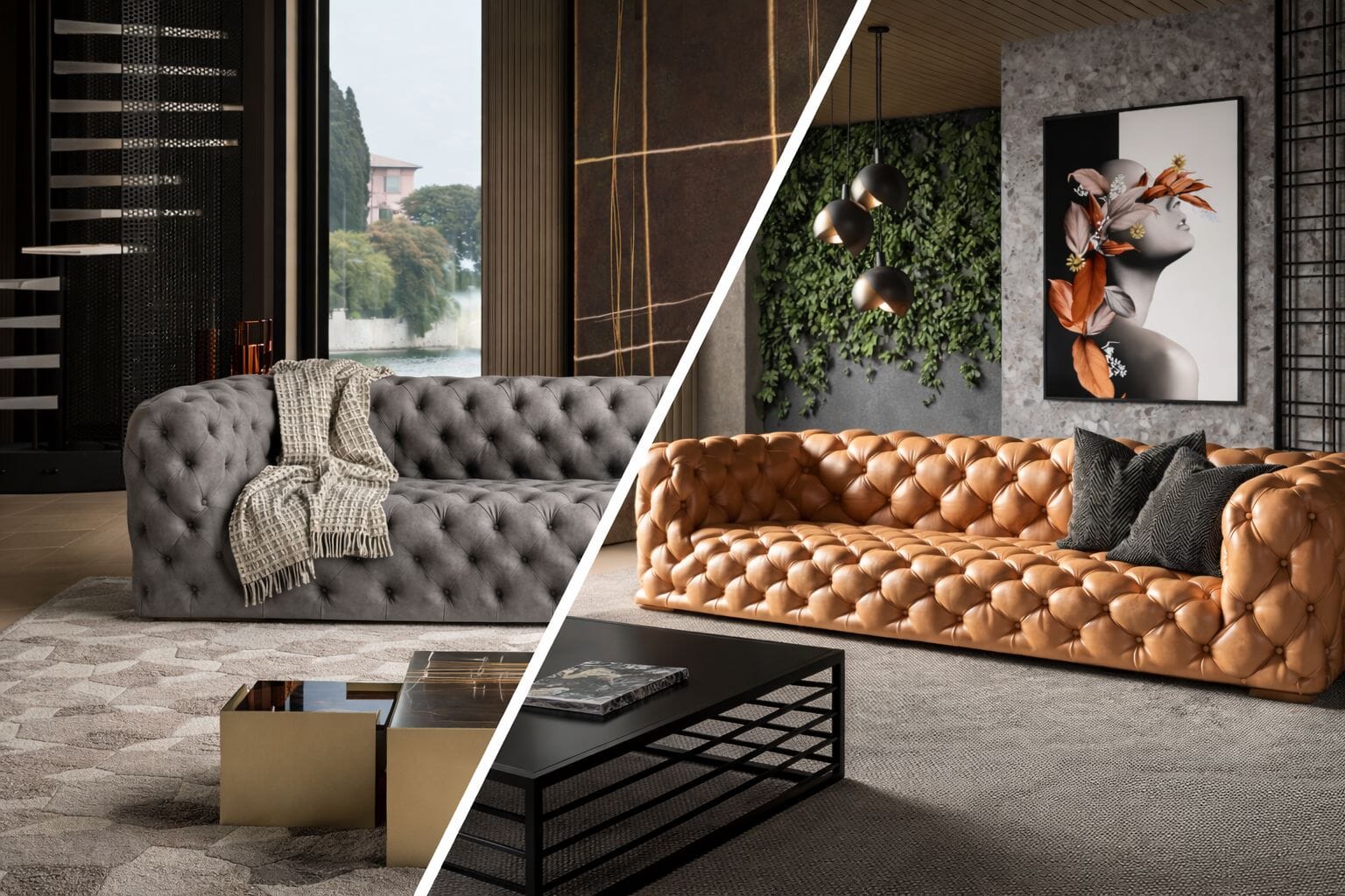 Split image of two tufted sofas, one gray with a throw blanket, the other caramel leather with dark pillows in modern settings