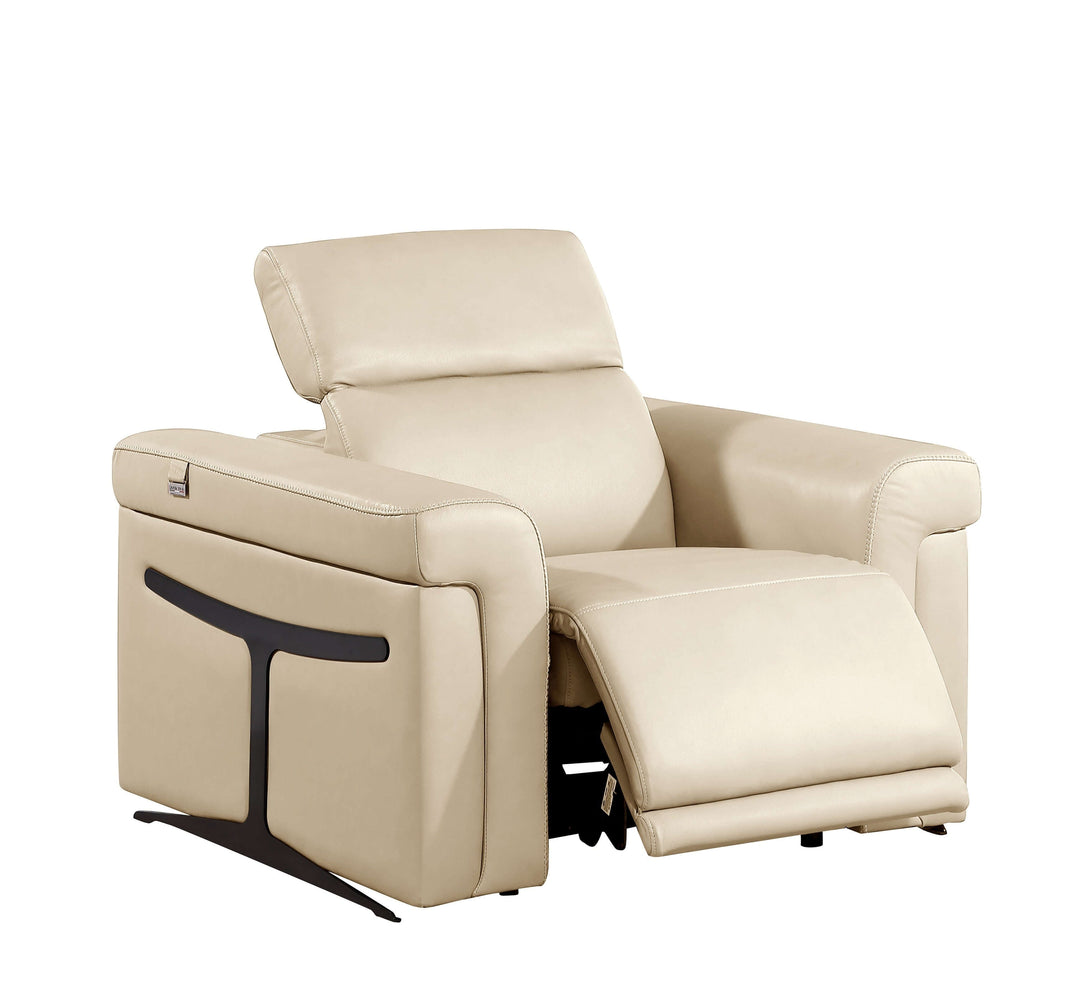 Divanitalia 1126 Power Reclining Chair in Beige Italian Leather - Front View with Recliner Extended