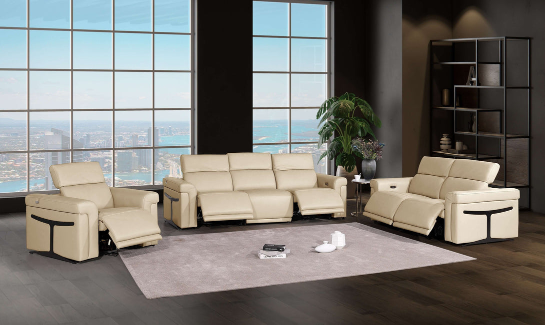 Divanitalia 1126 Power Reclining Living Room Set in Beige Italian Leather - View of Furniture in Staged Demo Room with Recliners Extended