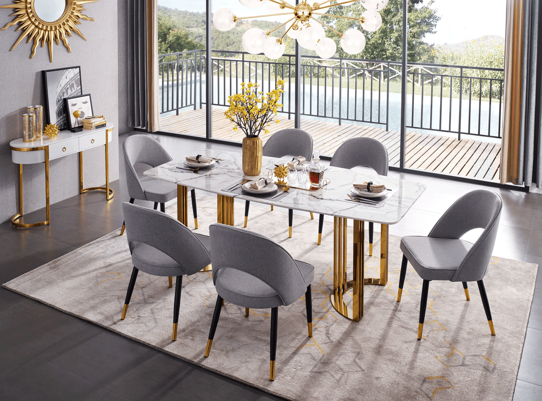131 Marble Table and Gold 5-Piece Dining Room Set with 4 Gray Chairs - Featured Photo