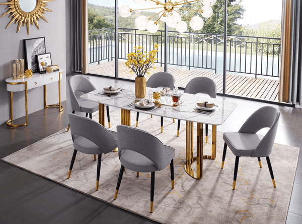 131 Marble Table and Gold 5-Piece Dining Room Set with 4 Gray Chairs - Featured Photo