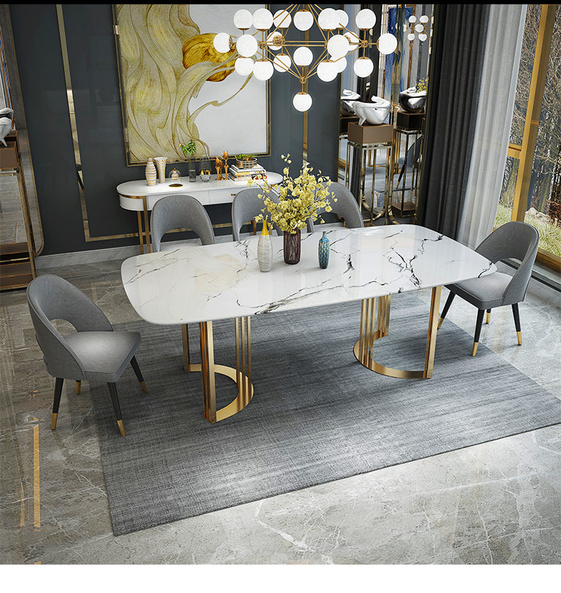 131 Marble Table and Gold 5-Piece Dining Room Set with 4 Gray Chairs - Photo of Set in a Modern Staged Demo Room