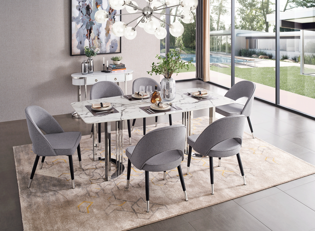 131 Marble Table and Silver 5-Piece Dining Room Set - View of Set in a Modern Demo Room