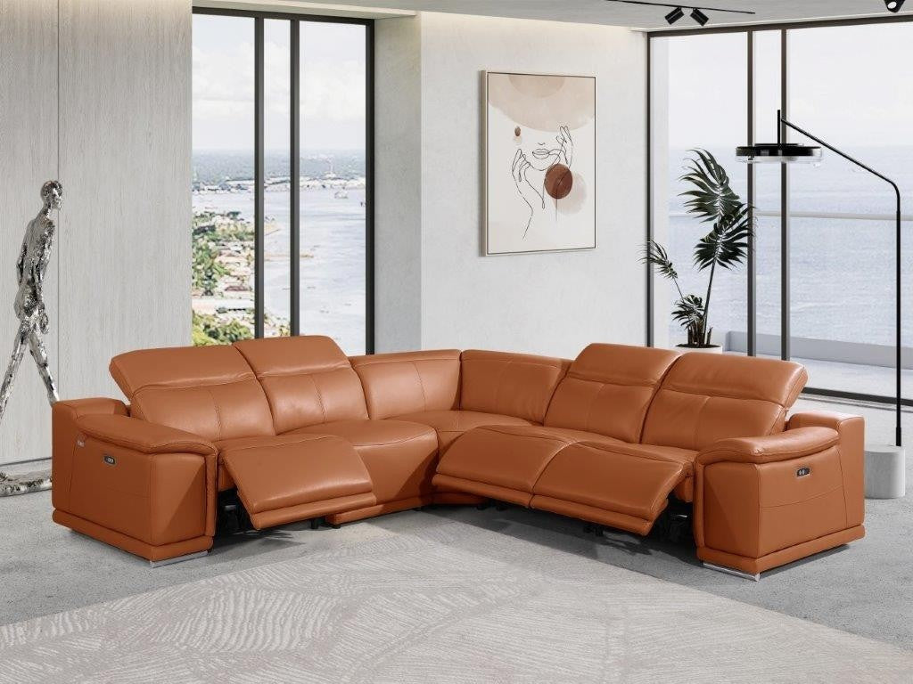 Divanitalia 9762 Build Your Own Sectional Sofa in Camel-Color with Recliners - View of 5-Piece Sectional with Recliners Extended in a Modern Demo Room