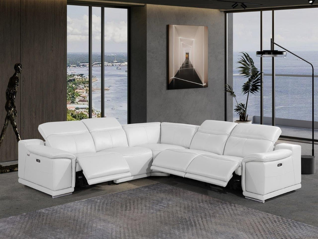 Divanitalia 9762 Build Your Own Sectional Sofa in White with Recliners - View of 5-Piece Sectional with Recliners Extended in a Modern Demo Room 2