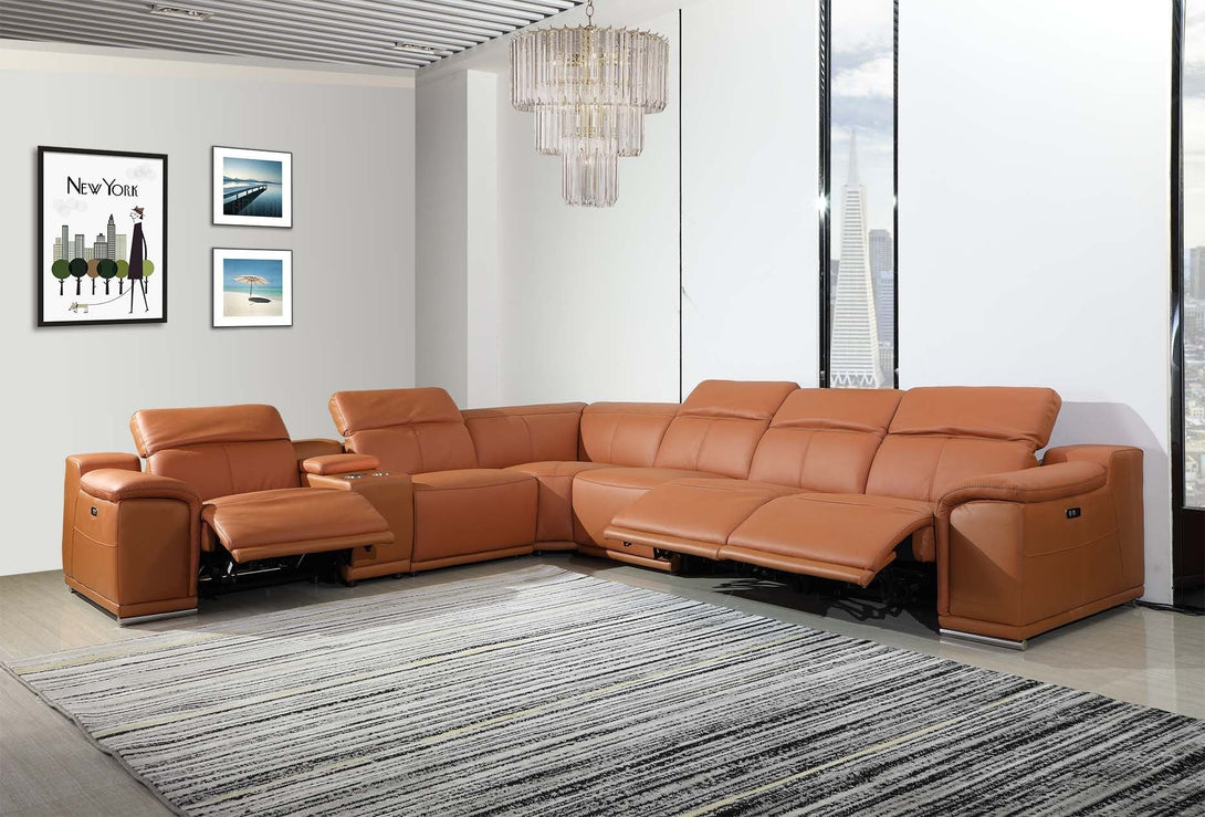 Divanitalia 9762 Build Your Own Sectional Sofa in Camel-Color with Recliners - View of 6-Piece Sectional with Recliners Extended in a Modern Demo Room