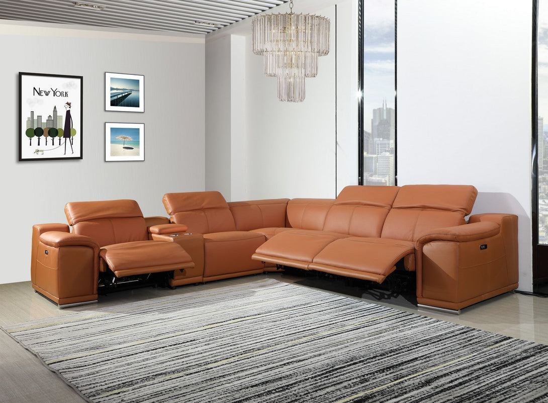 Divanitalia 9762 Build Your Own Sectional Sofa in Camel-Color with Recliners - View of 6-Piece Sectional with Recliners Extended in a Modern Demo Room