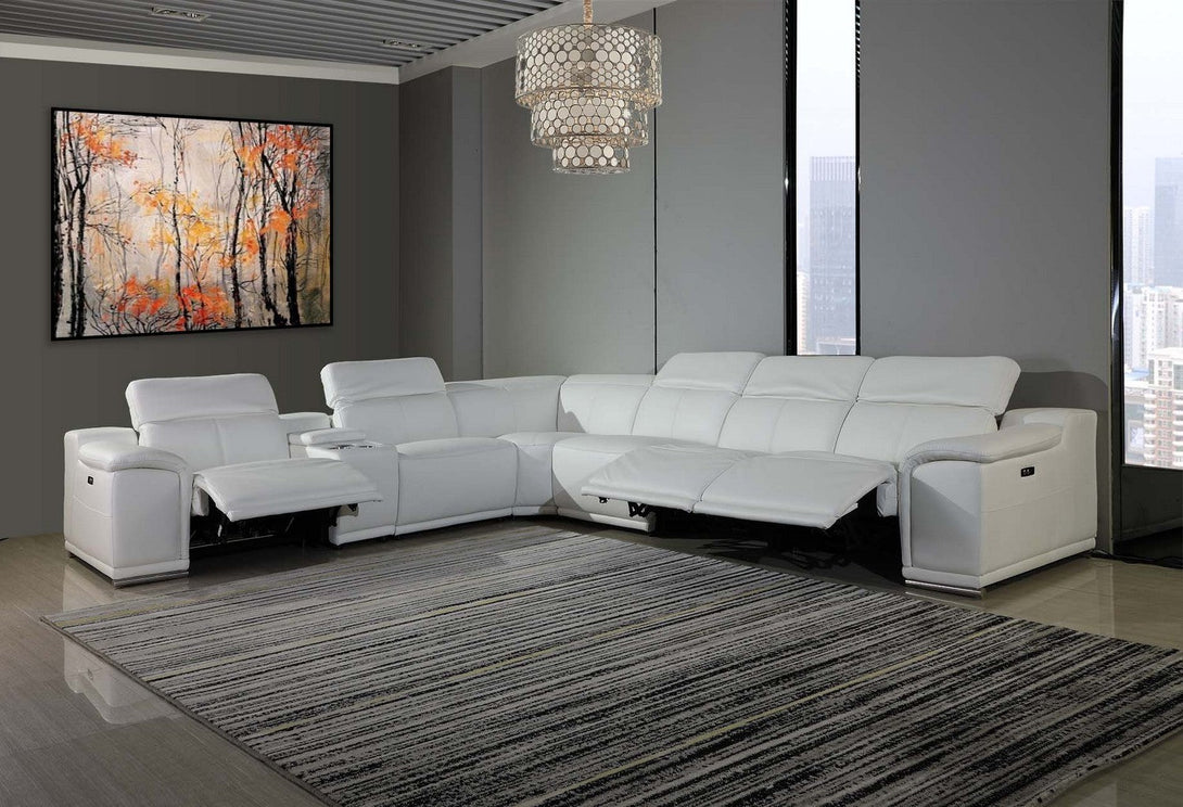 Divanitalia 9762 Build Your Own Sectional Sofa in White with Recliners - View of 6-Piece Sectional with Recliners Extended in a Modern Demo Room