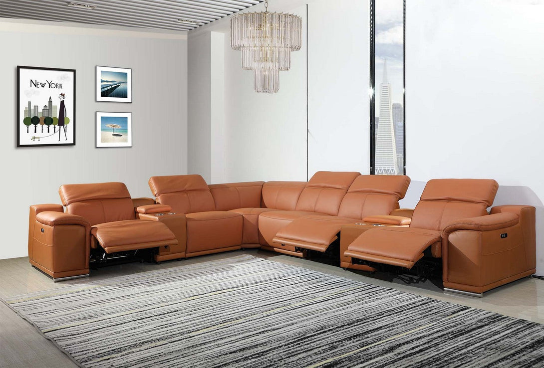 Divanitalia 9762 Build Your Own Sectional Sofa in Camel-Color with Recliners - View of 8-Piece Sectional with Recliners Extended in a Modern Demo Room