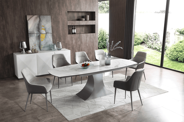 9035 Dining Room Set Marble Design Table Top with Gray Chairs - Featured Photo
