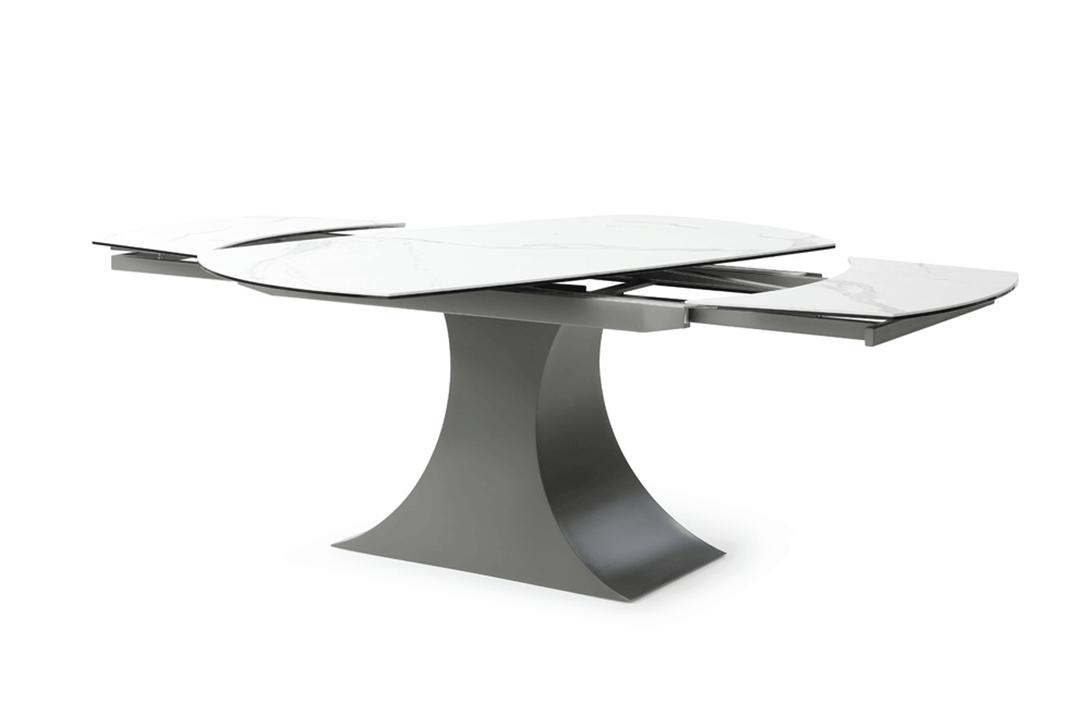 9035 63" Marble Dining Table - Arial View of the Right Side of Table with Table Extentions Closing