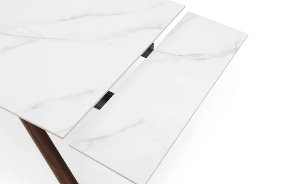 9063 Dining Marble Table - Arial View of the of Table with Table Extentions Mechanism Folding Open