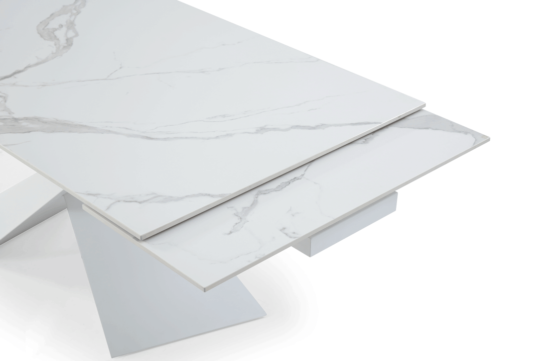 9113 71" White Dining Table - Arial View of the of Table with Table Extentions Mechanism