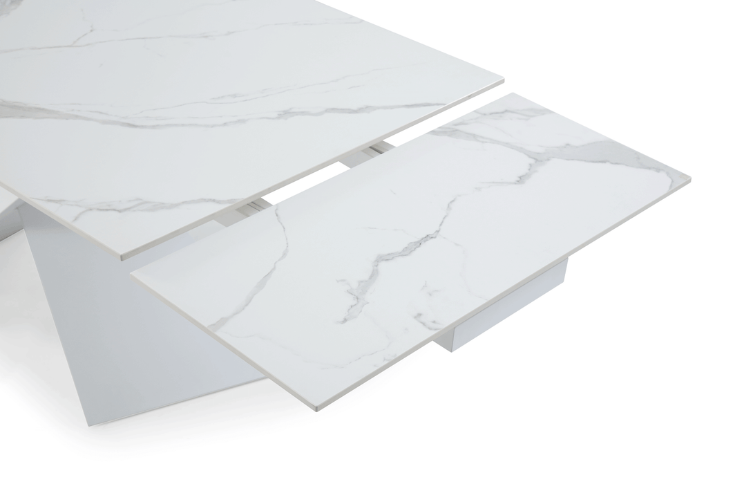 9113 71" White Dining Table - Arial View of the of Table with Table Extentions Mechanism