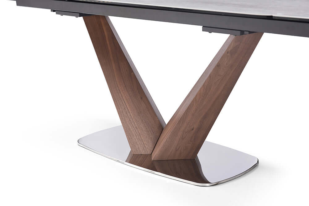 9188 71" White Dining Table - View of Wooden Legs atop a Stainless Steel Platform