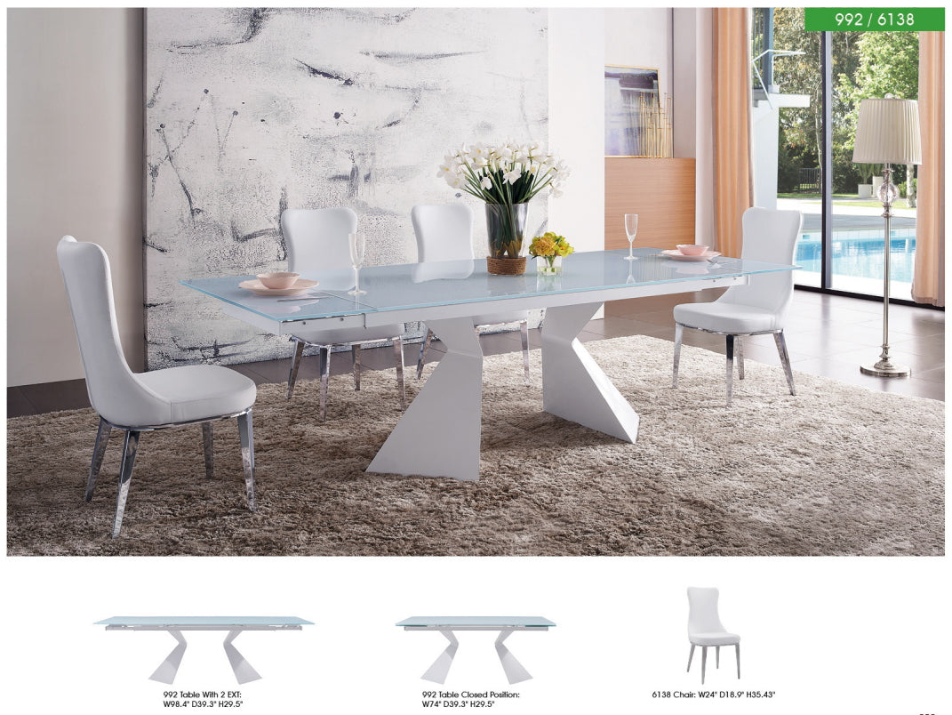 992 Dining Room Set Glass Top Table with 6 White Chairs - Promo Sheet with Dimensions
