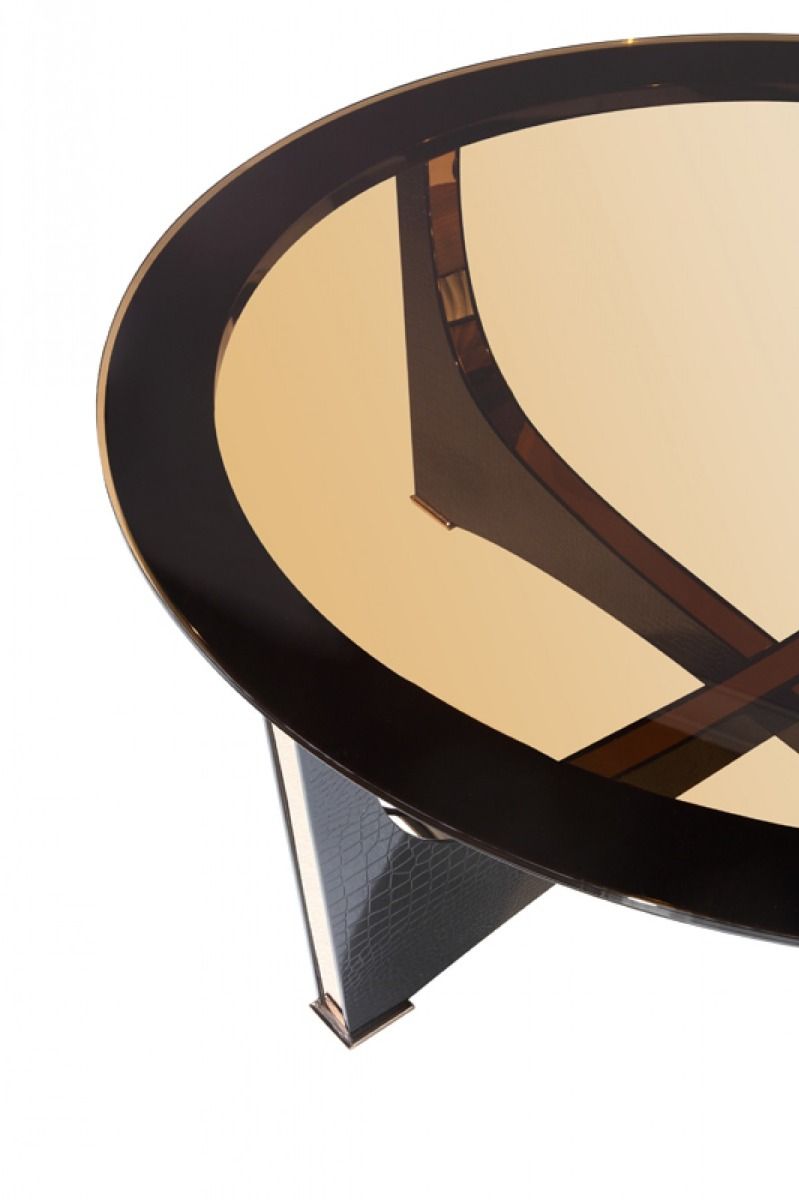A&X Talin Modern Black Crocodile & Rosegold Coffee Table - Arial View of Smoked Glass Table Top