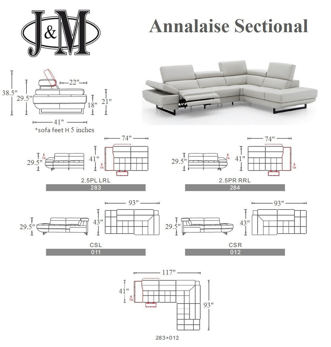 Annalaise Sectional Sofa with Recliner in Dark Grey Leather - Dimension Sheet