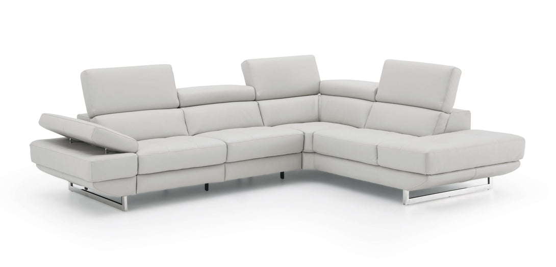 Annalaise Sectional Sofa with Recliner in Silver Grey Leather - Left View with Extended Armrest