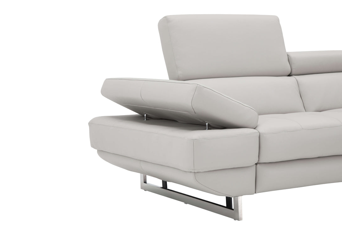 Annalaise Sectional Sofa with Recliner in Silver Grey Leather - Featuring Adjuatable Armrest