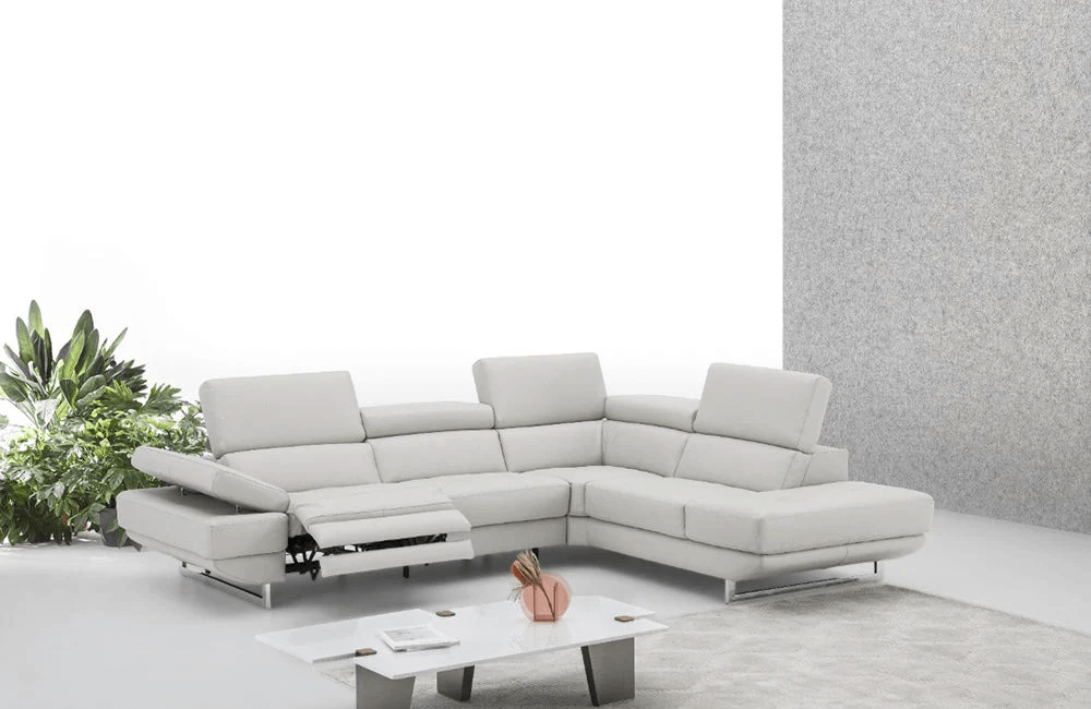 Annalaise Sectional Sofa with Recliner in Silver Grey Leather - Demo Living Room