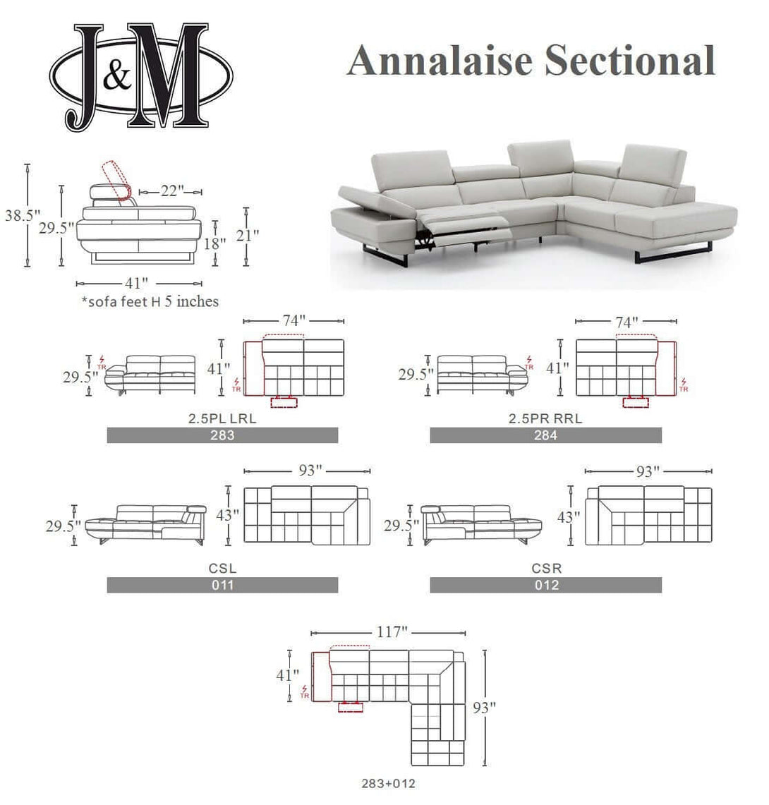 Annalaise Sectional Sofa with Recliner in Snow White Leather - Dimensions