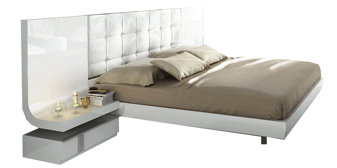 Modern bed with white headboard and brown bedding on a white background