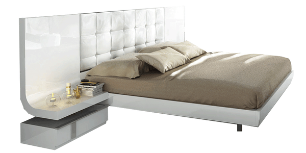 Modern bed with white headboard and brown bedding on a white background