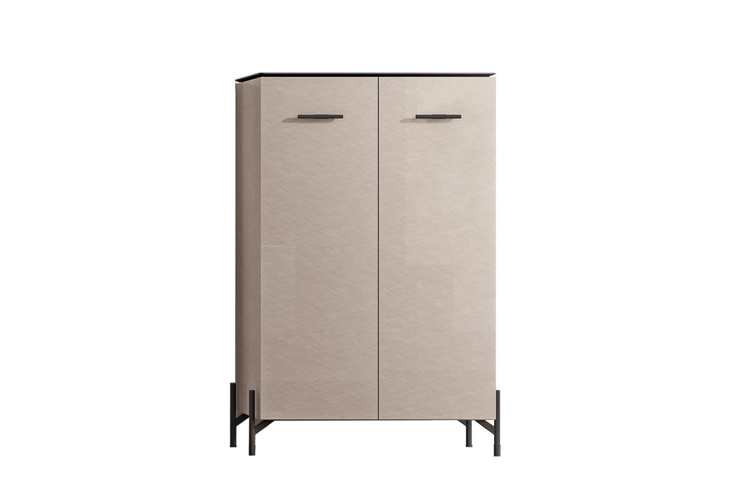 High-end, modern beige bedroom wardrobe with two doors, black handles, black legs on a white background