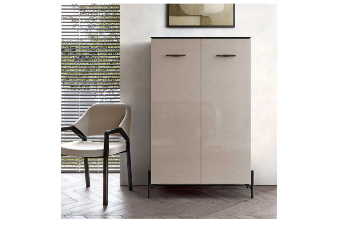 High-end, modern beige bedroom wardrobe with two doors, black handles, black legs in a demo room