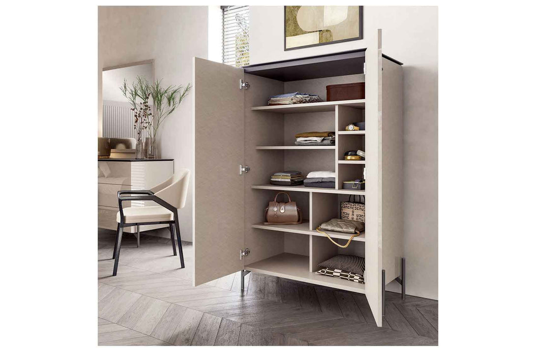 High-end, modern beige bedroom wardrobe with two doors, opened to showcase interor storage capacities