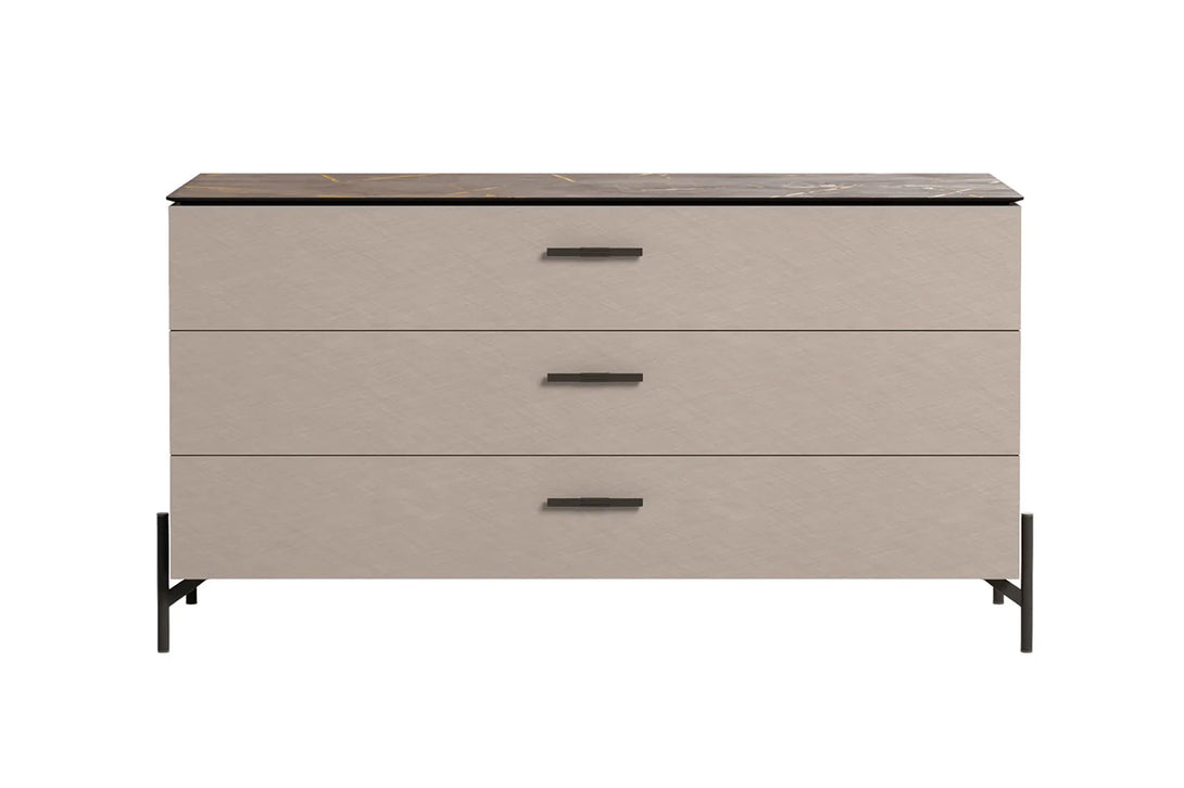 Beige dresser with three drawers on a white background