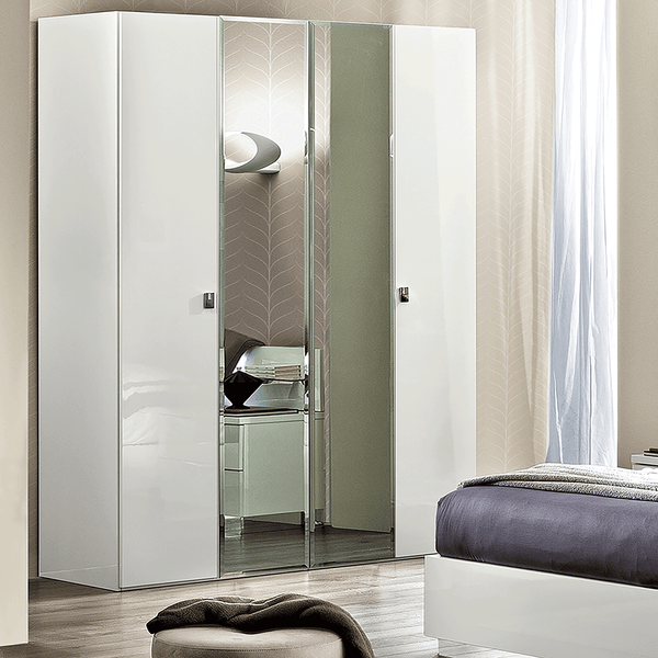 The Onda - 4 Door Gloss White Wardrobe with 2 Mirror Doors