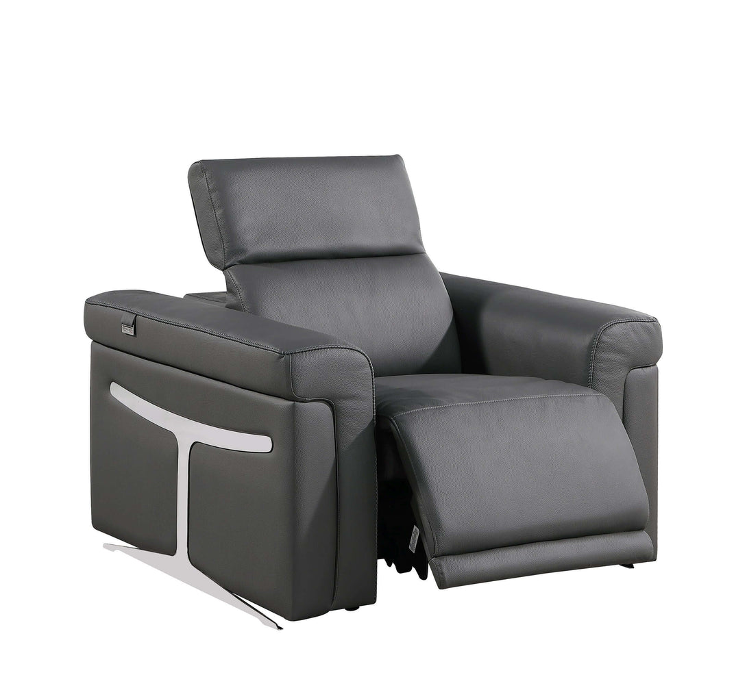 Divanitalia 1126 Power Reclining Chair in Dark Grey Italian Leather - Front View with Recliner Extended