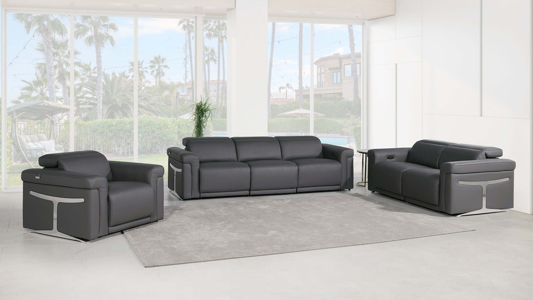 1126 Power Reclining Living Room Set in Dark Grey Italian Leather -View of Furniture Staged in Demo Room