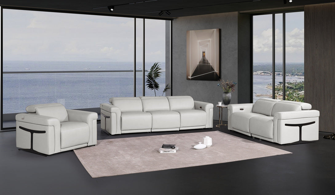 Divanitalia 1126 Power Reclining Living Room Set in Light Grey Italian Leather - Placed in a Demo Room