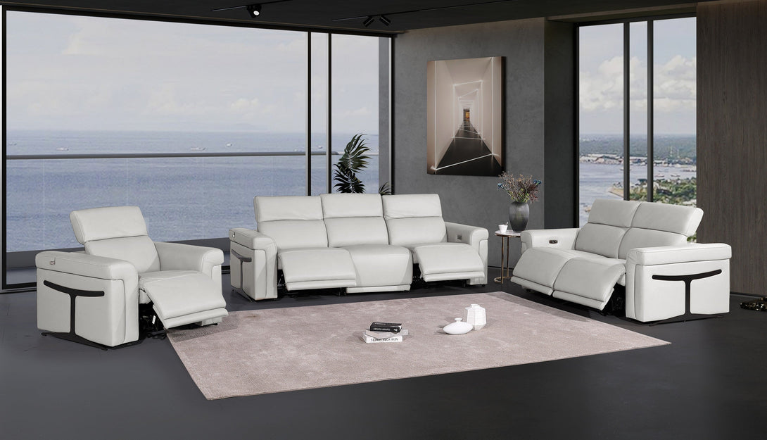 Divanitalia 1126 Power Reclining Living Room Set in Light Grey Italian Leather - Placed in a Demo Room with Recliners Extended