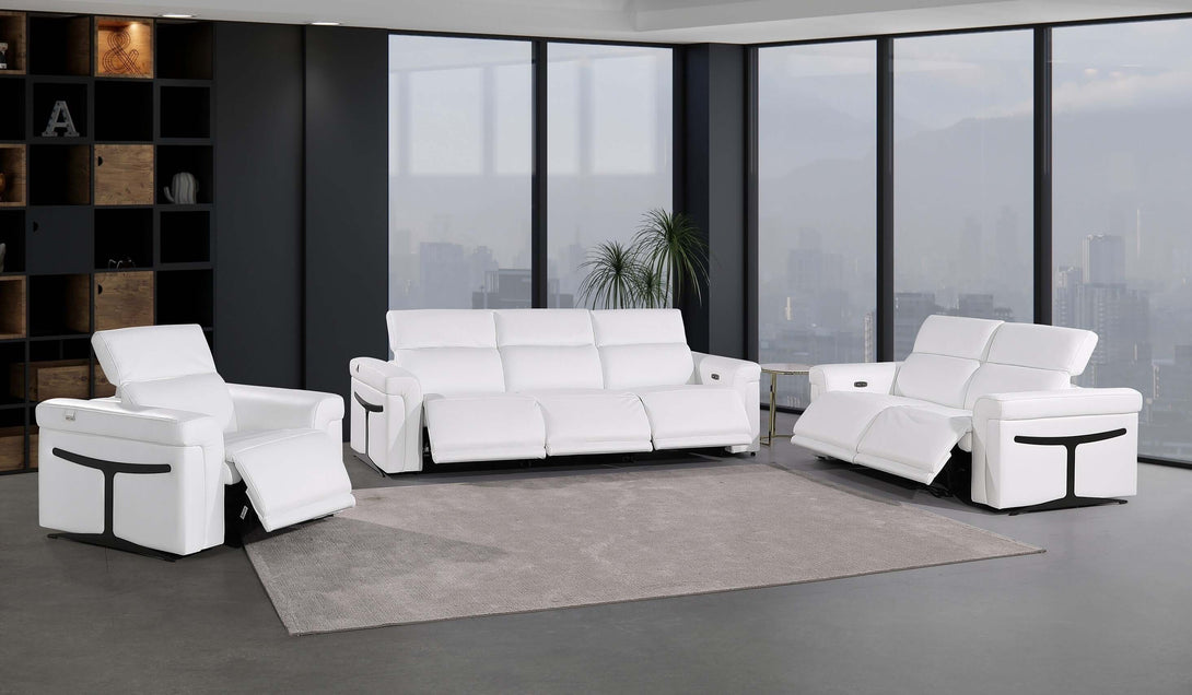 Divanitalia 1126 Power Reclining Living Room Set in White Italian Leather - View of Furniture in Staged Demo Room with Recliners Extended
