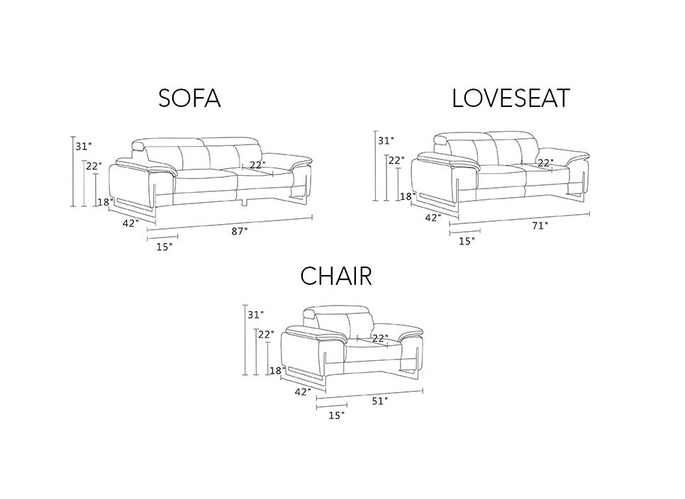 Divanitalia 636 Living Room Set in Dark Gray Leather - Dimension Sheet