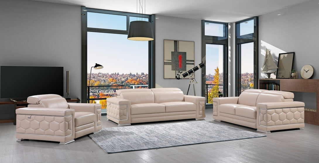 Divanitalia 692 Living Room Set in Beige Leather - View of Furniture Set with Recliner Extended in a Modern Demo Room