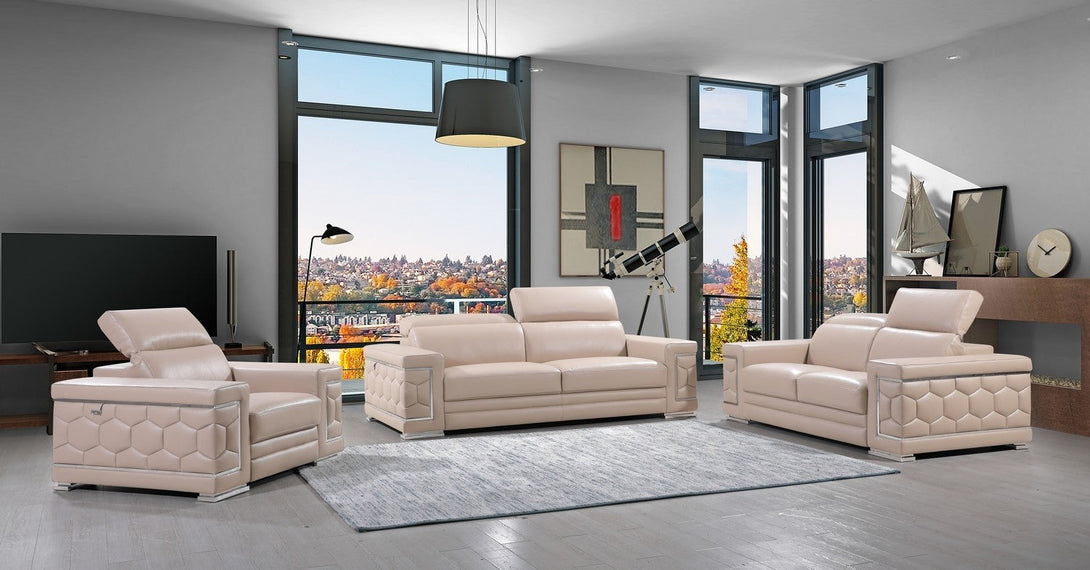 Divanitalia 692 Living Room Set in Beige Leather - View of Furniture Set with Recliner Closed in a Modern Demo Room