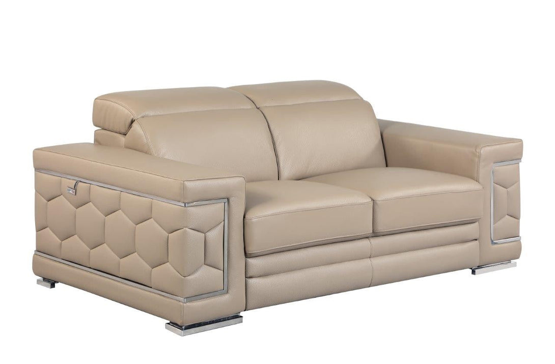 Divanitalia 692 Loveseat in Beige Leather - Angled View of Front of Loveseat on a White Transparent Background