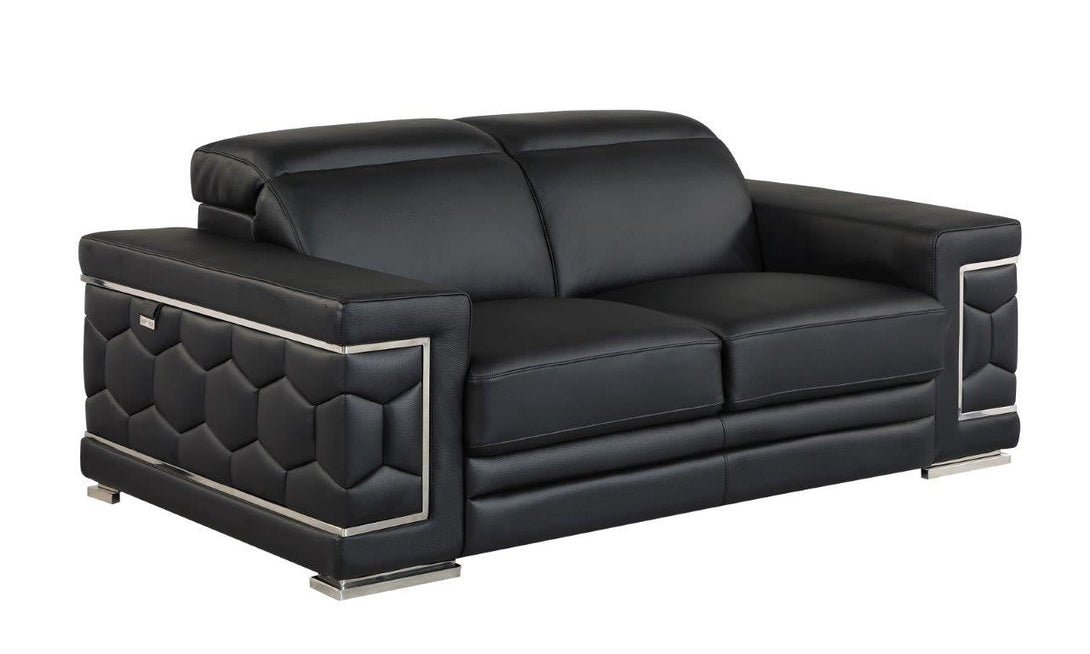 Divanitalia 692 Loveseat in Black Leather -Angled View of Front of Loveseat on a White Transparent Background