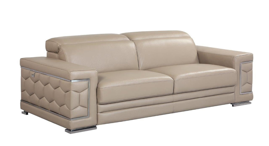 Divanitalia 692 Sofa in Beige Leather - Angled Front View of Sofa on a White Transparent Background