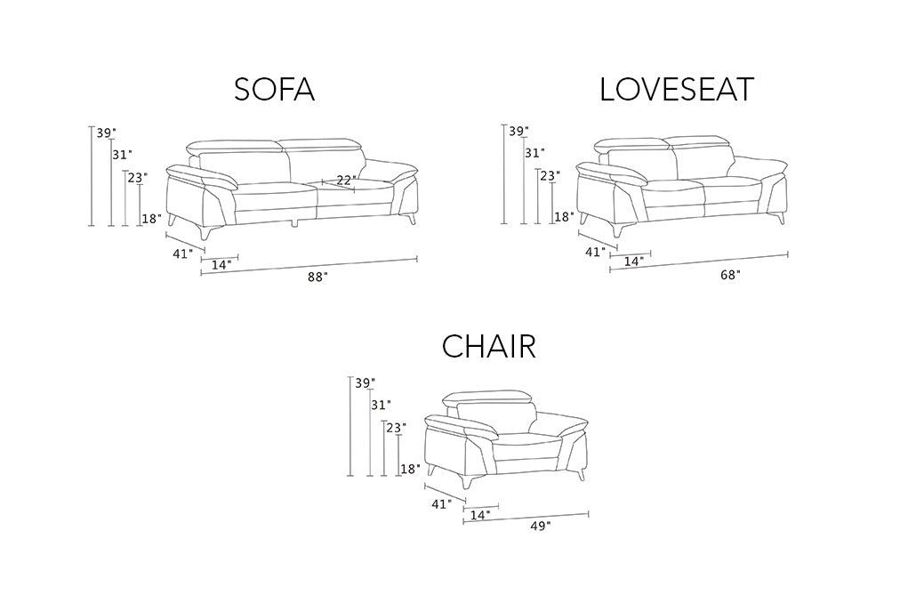 Divanitalia 727 Modern Living Room Set in White Leather - Dimension Sheet