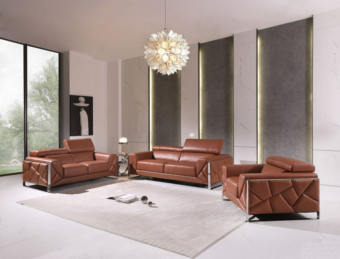 Divanitalia 903 Living Room Set in Camel-Color Leather - View of Furniture Set in a Modern Demo Room