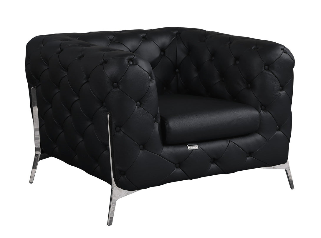 Divanitalia 970 Chair in Black Italian Leather - Angled Front View of Chair on White Transparent Background