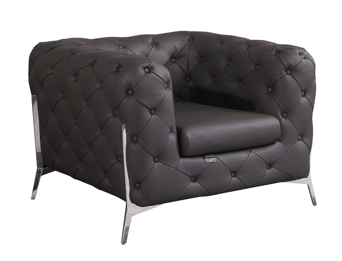 Divanitalia 970 Chair in Brown Italian Leather - Angled Front View of Chair on White Transparent Background