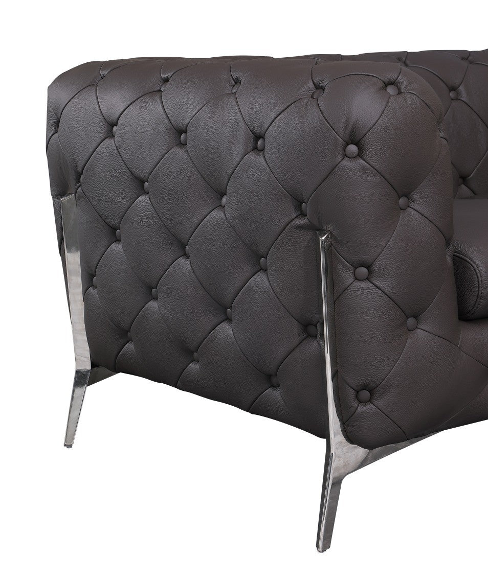 Divanitalia 970 Living Room Set in Brown Italian Leather - View of Side with Emphasis on Stainless Steel Furniture Legs